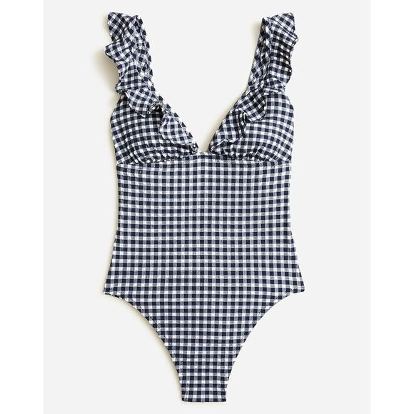 J.Crew Ruffle V Neck One Piece Gingham Swimsuit Padded Navy Retro US 24 NWT - Picture 2 of 13